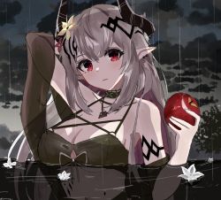 Rule 34 | 1girl, apple, arknights, arm behind head, bikini, black bikini, black sash, breasts, cleavage, demon horns, eyelashes, flower, food, fruit, hair flower, hair ornament, highres, holding, holding food, holding fruit, horns, infection monitor (arknights), jannong, jewelry, large breasts, long hair, looking at viewer, material growth, medium breasts, mudrock (arknights), mudrock (silent night) (arknights), necklace, night, official alternate costume, oripathy lesion (arknights), pointy ears, rain, red eyes, sash, silver hair, solo, swimsuit, twitter username, upper body, wading