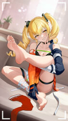 Rule 34 | 1girl, absurdres, arm wrap, asymmetrical sleeves, barefoot, blonde hair, blurry, blurry background, breasts, cleavage, drill hair, fenny golden, full body, highres, leg lift, leg up, leg wrap, looking at viewer, sitting, smile, snowbreak: containment zone, solo, thigh strap, toes, twintails, unworn thighhighs, viewfinder, wentj, yellow eyes