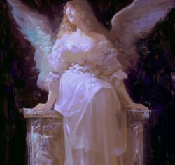 Rule 34 | 1girl, absurdres, angel, angel wings, arm rest, bare shoulders, black background, blonde hair, breasts, closed eyes, closed mouth, curly hair, dress, feathered wings, head tilt, highres, long hair, original, painterly, realistic, sitting, small breasts, solo, spread wings, white dress, wings, yuming li