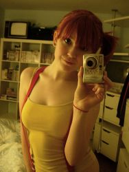 Rule 34 | 1girl, bare shoulders, breasts, camera, cosplay, creatures (company), game freak, large breasts, misty (pokemon), misty (pokemon) (cosplay), nintendo, orange hair, photo (medium), pokemon, pokemon (anime), pokemon (classic anime), red hair, short hair, solo