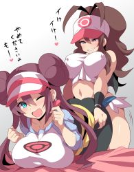 Rule 34 | 2girls, ass, ass grab, bent over, breasts, brown hair, covered erect nipples, creatures (company), crop top, game freak, hat, heart, highres, hilda (pokemon), huge ass, implied futanari, implied sex, impossible clothes, konno tohiro, large breasts, looking at viewer, multiple girls, navel, nintendo, pantyhose, pokemon, pokemon bw, pokemon bw2, rosa (pokemon), smile, stomach, translated, visor cap