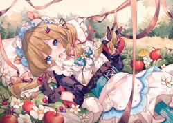 1girl ana_(rznuscrf) animal_ears apple apron aqua_bow aqua_eyes black_gloves blush bow branch brown_hair corset deer_ears dress eli_conifer eli_conifer_(1st_costume) fake_animal_ears flower food frilled_dress frilled_pillow frills fruit gloves hair_bow hair_ornament hair_ribbon holding holding_food holding_fruit holding_own_hair looking_at_viewer low_twintails lying maid_headdress mushroom nijisanji on_back on_grass open_mouth pillow pink_ribbon plant red_ribbon ribbon solo twintails virtual_youtuber white_apron white_flower