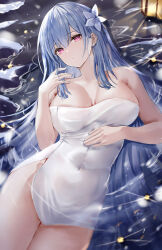 Rule 34 | 1girl, absurdres, age fx, azur lane, blue hair, breasts, closed mouth, covered navel, flower, hair between eyes, hair flower, hair ornament, highres, lantern, large breasts, long hair, looking at viewer, lying, naked towel, official alternate costume, on back, onsen, purple eyes, solo, towel, voroshilov (azur lane), voroshilov (devoted as the warm snow) (azur lane), water