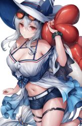 Rule 34 | 1girl, alternate costume, arknights, bangle, bare shoulders, belt, bracelet, breasts, choker, cleavage, collarbone, commentary, denim, denim shorts, eyewear on head, grey hair, hair between eyes, halterneck, hat, highres, inflatable orca, inflatable toy, jewelry, large breasts, long hair, midriff, multiple thigh straps, navel, off-shoulder shirt, off shoulder, official alternate costume, red eyes, shiny skin, shirt, short sleeves, shorts, sidelocks, skadi (arknights), skadi (waverider) (arknights), snm (sunimi), stomach, sun hat, sunglasses, swimsuit, thigh strap, very long hair, wet, white belt, white headwear, wide sleeves