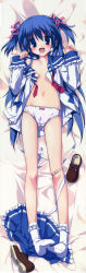 Rule 34 | 1girl, :d, absurdres, bandaid, bandaid on knee, bandaid on leg, bed, bed sheet, blue eyes, blue hair, blush, bobby socks, copyright request, dakimakura (medium), fang, feet, feet together, flat chest, from above, full body, gotou nao, hair ribbon, highres, legs, loafers, long hair, long image, looking at viewer, luchie, lying, matching hair/eyes, navel, on back, on bed, open clothes, open mouth, open shirt, panties, ribbon, school uniform, shirt, shoes, unworn shoes, skirt, unworn skirt, smile, socks, solo, tall image, third-party source, toes, two side up, underwear, white panties, white socks
