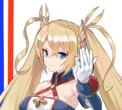 Rule 34 | 1girl, bare shoulders, bradamante (fate), bradamante (first ascension) (fate), braid, breasts, cleavage, closed mouth, fate/grand order, fate (series), french braid, gloves, green322, hair between eyes, hair ornament, hand up, long hair, looking at viewer, medium breasts, smile, solo, twintails, upper body, white gloves