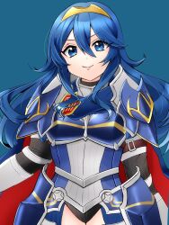 Rule 34 | 1girl, armor, blue background, blue eyes, blue hair, breastplate, cape, closed mouth, fire emblem, fire emblem awakening, fire emblem heroes, gau fe, great knight (fire emblem awakening), hair between eyes, highres, long hair, lucina (fate&#039;s resolve) (fire emblem), lucina (fire emblem), nintendo, official alternate costume, shoulder armor, smile, solo, symbol in eye, tiara