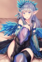 Rule 34 | 10s, 1girl, armlet, bare shoulders, black footwear, black thighhighs, blue eyes, blue hair, blunt bangs, blush, boots, commentary request, crystal, detached sleeves, dress, erin (granblue fantasy), granblue fantasy, hair ornament, hand on own knee, highres, knee boots, long hair, looking at viewer, matching hair/eyes, open mouth, pointy ears, short dress, sitting, solo, thighhighs, tobi-mura