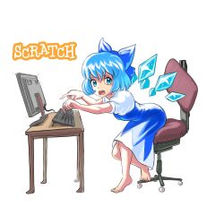 Rule 34 | 1girl, barefoot, blue bow, blue dress, blue eyes, blue hair, bow, breasts, chair, cirno, commentary, detached wings, dress, english commentary, from side, full body, hair bow, highres, ice, ice wings, keyboard (computer), leaning forward, looking at viewer, looking to the side, medium hair, monitor, office chair, on chair, pinafore dress, profitshame, puffy short sleeves, puffy sleeves, scratch (programming language), shirt, short sleeves, simple background, sleeveless dress, small breasts, solo, swivel chair, table, touhou, white background, white shirt, wings