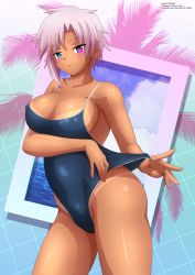 Rule 34 | 1girl, absurdres, ayra (taiyudraws), blue background, blue eyes, blue one-piece swimsuit, blush, borrowed character, breasts, cleavage, clothes pull, cloud, collarbone, grid background, heterochromia, highres, large breasts, looking at viewer, one-piece swimsuit, one-piece swimsuit pull, one-piece tan, palm tree, pink hair, purple eyes, short hair, sky, smile, standing, swimsuit, tan, tanline, tree, vaporwave, zel-sama