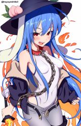Rule 34 | 1girl, alternate costume, animal ears, belt, black headwear, black vest, blue hair, breasts, chain, collar, covered navel, fire, floppy ears, food, fruit, highres, hinanawi tenshi, holding, holding sword, holding weapon, leaf, long hair, looking at viewer, open belt, open mouth, pants, peach, rabbit ears, red collar, red eyes, simple background, sleeveless, small breasts, smile, solo, spiked collar, spikes, sword, sword of hisou, teeth, touhou, touhou lostword, twitter username, upper teeth only, vest, weapon, white background, white pants, yoshinatsu
