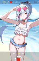 1girl absurdres ayaka_(genshin_impact) beach blue_eyes blue_hair blunt_bangs genshin_impact hair_ornament highres kenomotsu_yukuwa light_blue_hair long_hair long_sleeves looking_at_viewer mole mole_under_eye navel ponytail solo stomach swimsuit viewfinder