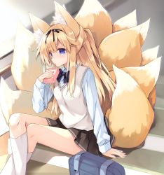 Rule 34 | 1girl, bag, black bow, black skirt, blonde hair, blue eyes, blue shirt, blurry, blurry background, bow, breasts, collared shirt, commentary request, commission, depth of field, dress shirt, drinking, drinking straw, feet out of frame, highres, holding, indoors, kitsune, kneehighs, knees up, kyuubi, long hair, long sleeves, multiple tails, original, pleated skirt, purinpurin, school bag, school uniform, shirt, sitting, sitting on stairs, skeb commission, skirt, sleeves past wrists, small breasts, socks, solo, stairs, sweater vest, tail, twitter username, very long hair, white socks