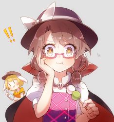 Rule 34 | !, !!, + +, 2girls, 60mai, :3, :d, :t, animal ears, black cape, black hat, blonde hair, blush, bow, brown eyes, brown hair, brown hat, cape, cellphone, commentary request, crop top, dango, flat cap, food, glasses, grey background, hand on own cheek, hand on own face, hand up, hat, hat bow, high collar, holding, holding food, holding phone, looking at viewer, low twintails, midriff, multiple girls, navel, open mouth, orange shirt, phone, puffy short sleeves, puffy sleeves, purple vest, rabbit ears, red-framed eyewear, ringo (touhou), sanshoku dango, shirt, short hair, short sleeves, simple background, skull, smartphone, smile, stomach, touhou, twintails, upper body, usami sumireko, v, vest, wagashi, white bow, white shirt, | |