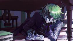 Rule 34 | 1boy, bandaged chest, black hair, book, closed mouth, commentary request, eyeliner, green hair, hair between eyes, hand on own face, highres, indoors, instrument, jacket, long sleeves, looking down, lying, male focus, master detective archives: rain code, multicolored hair, open book, osara (geschirschrank), paper, piano, purple eyeliner, purple eyes, purple jacket, reading, short hair, solo, streaked hair, vivia twilight