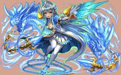 Rule 34 | 1girl, andromeda (p&amp;d), blue eyes, blue hair, braid, chain, dragon, dress, hairband, itou youichi, long hair, looking at viewer, matching hair/eyes, md5 mismatch, official art, open mouth, puzzle &amp; dragons, resized, single braid, solo, thighhighs, tiara, white dress, white thighhighs, wings