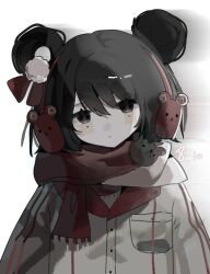 1girl animal_earmuffs black_eyes black_hair chinese_commentary closed_mouth commentary_request dated earmuffs expressionless grey_jacket grey_sweater_vest hair_between_eyes hair_bun hair_ribbon hao_xiang_chi_juecai head_tilt highres jacket li_yuting_(female) long_sleeves looking_at_viewer medium_hair mole mole_under_each_eye mole_under_eye multiple_moles official_alternate_costume red_ribbon red_scarf red_shirt ribbon scarf shirt short_hair single_hair_bun single_hair_ring solo sweater_vest touqi_guaitan upper_body