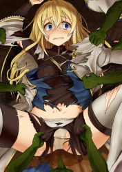 Rule 34 | 1girl, blonde hair, blue eyes, breasts, colored skin, crying, crying with eyes open, dot nose, empty eyes, facing viewer, goblin, goblin slayer!, green skin, imminent penetration, imminent rape, injury, looking to the side, lying, medium breasts, monster, multiple boys, multiple hands, on back, priestess (goblin slayer!), solo focus, spread legs, tearing clothes, tears, torn clothes