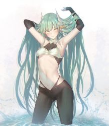 Rule 34 | 1girl, aged up, aqua hair, armpits, arms up, bikini, bikini top only, black pantyhose, blush, breasts, collar, commentary request, dragon girl, dragon horns, elbow gloves, fate/grand order, fate (series), gloves, grey background, holding, holding own hair, horns, in water, kiyohime (fate), long hair, looking at viewer, medium breasts, navel, oukawa yuu, pantyhose, parted lips, simple background, smile, solo, splashing, stomach, swimsuit, underboob, very long hair, wading, water, water drop, yellow eyes
