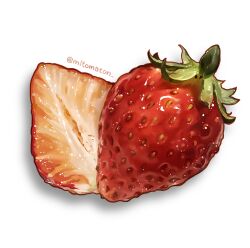 Rule 34 | artist name, food, food focus, fruit, highres, mitomaton, no humans, original, realistic, simple background, still life, strawberry, strawberry slice, twitter username, white background