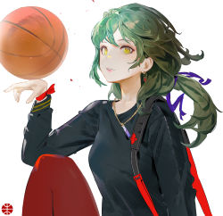 Rule 34 | 1girl, ball, basketball, basketball (object), black shirt, blue ribbon, earrings, green hair, grey background, hair ribbon, highres, jewelry, knee up, long hair, long sleeves, looking at viewer, necklace, original, pantyhose, parted lips, ponytail, red pantyhose, red ribbon, ribbon, shirt, simple background, sisiyong, solo, teeth, wrist ribbon