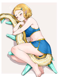 Rule 34 | 1girl, blonde hair, blue shorts, braid, closed mouth, commentary request, crop top, crown braid, dragon tail, fetal position, from above, full body, grey background, hair ornament, hairclip, highres, hugging tail, light dragon (zelda), lying, navel, nintendo, on side, parted bangs, pointy ears, princess zelda, short hair, short shorts, shorts, sleeping, smile, solo, spoilers, tail, the legend of zelda, the legend of zelda: tears of the kingdom, toes, wasabi (legemd)