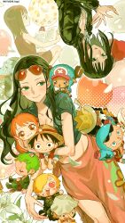 Rule 34 | balloon, blue eyes, blunt bangs, brook (one piece), hugging doll, eyewear on head, flower, franky (one piece), hand up, happy, heart balloon, highres, hug, jinbe (one piece), light smile, long hair, long sleeves, monkey d. luffy, multiple views, nami (one piece), nico robin, hugging object, one piece, orange-tinted eyewear, parted bangs, parted lips, petals, pink sarong, reading, roronoa zoro, sanji (one piece), sarong, short sleeves, stuffed toy, tinted eyewear, tony tony chopper, usopp, uyuchi hapi, white flower