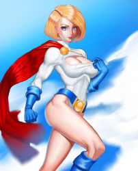 Rule 34 | 1girl, belt, blonde hair, blue eyes, blue gloves, boots, breasts, cape, cleavage, cleavage cutout, clothing cutout, daft v lim, dc comics, flying, gloves, highres, leotard, looking at viewer, midair, power girl, short hair, smile, solo, superhero costume, superman (series)