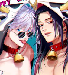 Rule 34 | 2021, 2boys, abs, alternate costume, animal costume, animal ears, animal print, bare pectorals, bell, bello (kurobina bellon), black hair, blue eyes, chinese zodiac, close-up, collar, cow boy, cow costume, cow ears, cow horns, cow print, fake animal ears, getou suguru, gojou satoru, happy new year, horns, jujutsu kaisen, looking at viewer, male focus, multiple boys, navel, neck bell, new year, pectorals, round eyewear, short hair, sunglasses, toned, toned male, tongue, tongue out, upper body, white hair, year of the ox