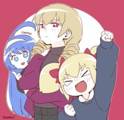 Rule 34 | &gt; &lt;, 3girls, :d, ahoge, arm up, artist name, behind another, blonde hair, blue eyes, blush, casual, clenched hand, clenched hands, closed eyes, closed mouth, downscaled, drill hair, erika wagner, fist pump, hair ornament, huge ahoge, long hair, long sleeves, looking at viewer, lowres, lyn (shunao), md5 mismatch, mika returna, multiple girls, open mouth, orie ballardiae harada, red eyes, resized, short twintails, simple background, smile, standing, sweater, thumbs up, turtleneck, turtleneck sweater, twin drills, twintails, under night in-birth, under night in-birth exe:late[st]