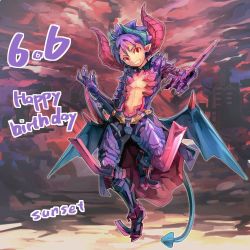 Rule 34 | 1boy, blue hair, dated, demon boy, fang, full body, geetgeet, grin, happy birthday, looking at viewer, male focus, open clothes, pop-up story, red eyes, smile, solo, ziz glover