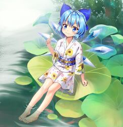 Rule 34 | barefoot, blue bow, blue eyes, blue hair, blue sash, bow, breasts, check commentary, cirno, cirno (yukata), commentary, commentary request, dango, eating, fairy wings, floral print, flower brooch, food, forest, god mang, hair bow, highres, holding, holding food, ice, ice wings, japanese clothes, kimono, lily pad, nature, official alternate costume, sash, short hair, sitting, small breasts, smile, soaking feet, sunflower print, toes, touhou, touhou cannonball, wagashi, white kimono, wings, yukata