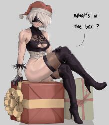 Rule 34 | 1girl, 2b (nier:automata), absurdres, ass, black blindfold, blindfold, breasts, christmas, christmas present, cleavage, crossed legs, curvy, english text, gift, gloves, gluteal fold, grey hair, hand on own shoulder, hat, high heels, highleg, highleg leotard, highres, huge ass, large breasts, leotard, looking at viewer, mole, mole under mouth, muscular, muscular female, nier:automata, nier (series), santa hat, shiny skin, short hair, sitting, smile, thick thighs, thighhighs, thighs, thong leotard, toned, wide hips, yoracrab