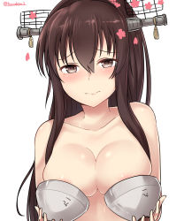 Rule 34 | 1girl, absurdres, areola slip, blush, breasts, brown eyes, brown hair, cherry blossoms, closed mouth, collarbone, embarrassed, hair between eyes, headgear, highres, kantai collection, kiritto, long hair, looking at viewer, medium breasts, metal bra, petals, ponytail, sidelocks, simple background, solo, topless, twitter username, type 91 armor-piercing shell, upper body, white background, yamato (kancolle)