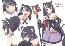 Rule 34 | 1girl, absurdres, animal ear fluff, animal ears, b.c, bare shoulders, black hair, blush, book, cat ears, cat girl, cat tail, closed mouth, commentary request, crying, crying with eyes open, detached sleeves, drill hair, empty eyes, frilled skirt, frilled sleeves, frills, green eyes, hand on own hip, highres, holding, holding staff, karyl (princess connect!), knees to chest, long hair, long sleeves, low twintails, multicolored clothes, multicolored hair, multiple views, navel, ponytail, princess connect!, profile, purple skirt, shaded face, shirt, sidelocks, simple background, sitting, skirt, staff, streaked hair, tail, tearing up, tears, translation request, twintails, v-shaped eyebrows, very long hair, vest, wavy mouth, white background, white shirt