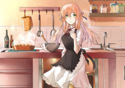 Rule 34 | 1girl, apple pie, apron, bowl, brown hair, commentary request, faucet, girls&#039; frontline, green eyes, kitchen, looking at viewer, springfield (girls&#039; frontline), mittens, solo, whisk, yichuan