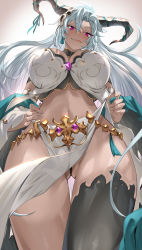 Rule 34 | 1girl, aldehyde, black horns, black thighhighs, blush, breasts, cleavage, commentary request, dark-skinned female, dark skin, detached sleeves, dragon horns, dress, fangs, fediel (granblue fantasy), gluteal fold, granblue fantasy, highres, horns, large breasts, licking lips, long hair, looking at viewer, navel, pelvic curtain, purple eyes, silver hair, single thighhigh, smile, solo, thighhighs, thighs, tongue, tongue out, very long hair, white dress