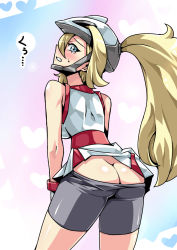 Rule 34 | 10s, 1girl, ass, backboob, bare shoulders, bicycle helmet, bike shorts, bike shorts pull, blonde hair, blue eyes, blush, breasts, butt crack, clothes pull, creatures (company), from behind, game freak, gloves, gym leader, heart, helmet, highres, korrina (pokemon), long hair, looking at viewer, looking back, nintendo, pants, pants pull, pokemon, pokemon xy, ponytail, solo, tears, translation request, tukiwani, two side up