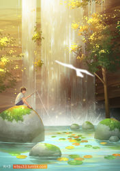 Rule 34 | 1boy, artist name, black shorts, brown hair, commentary request, faceless, fishing, fishing rod, from side, highres, kitsu+3, lily pad, male focus, moss, on rock, original, outdoors, pond, profile, rock, sandals, shirt, short sleeves, shorts, sitting, solo, splashing, tree, tumblr username, water, waterfall, watermark, web address, white shirt