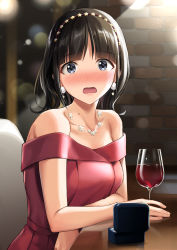 Rule 34 | 1girl, alcohol, bare shoulders, black hair, blush, breasts, brick wall, collarbone, cup, dress, drinking glass, grey eyes, highres, indoors, kuguri oimo, long hair, looking at viewer, medium breasts, mole, mole on neck, nijisanji, nose blush, off-shoulder dress, off shoulder, open mouth, red dress, ring box, sitting, solo, suzuka utako, table, virtual youtuber, wavy mouth, wine, wine glass