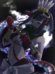 Rule 34 | 1girl, bare shoulders, black hair, blood, blood on hands, blue hair, bracer, breasts, colored inner hair, detached collar, facepaint, fate/grand order, fate (series), feathers, glaring, grey eyes, halterneck, headdress, high collar, highres, looking at viewer, medium breasts, multicolored hair, navel, sash, short hair, sidelocks, solo, souki1203, tassel, tenochtitlan (fate), tenochtitlan (first ascension) (fate), whip