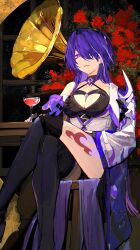 Rule 34 | 1girl, absurdres, acheron (honkai: star rail), asymmetrical footwear, black choker, black gloves, black shorts, boots, breasts, chair, choker, cleavage, coat, coattails, crossed legs, detached sleeves, flower, glass, gloves, hair over one eye, highres, honkai: star rail, honkai (series), leg tattoo, long hair, midriff, navel, open mouth, phonograph, purple eyes, purple hair, rose, short shorts, shorts, single bare shoulder, sitting, solo, stomach, tattoo, thigh boots, unrefle, white coat