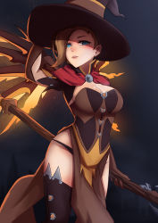 Rule 34 | 1girl, bl/ess, black panties, blonde hair, blue eyes, blush, bodice, breasts, brooch, broom, brown thighhighs, capelet, cleavage, cowboy shot, elbow gloves, gloves, glowing, glowing wings, halloween, halloween costume, hand on headwear, hat, holding, holding broom, holding staff, jewelry, light particles, looking at viewer, looking to the side, mechanical wings, medium breasts, mercy (overwatch), night, official alternate costume, overwatch, overwatch 1, panties, parted lips, pelvic curtain, short sleeves, smile, solo, staff, thighhighs, underwear, wings, witch, witch hat, witch mercy