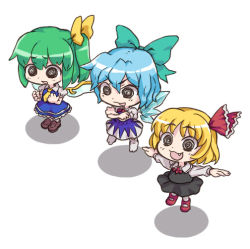 Rule 34 | abua, blonde hair, blue hair, bow, chibi, cirno, crossed arms, daiyousei, embodiment of scarlet devil, fang, green hair, hair bow, hair ribbon, outstretched arms, red eyes, ribbon, rumia, short hair, spread arms, touhou, wings