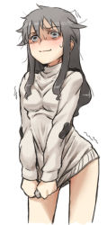 Rule 34 | 1girl, blush, elizabeth f. beurling, embarrassed, grey hair, long hair, messy hair, no legwear, no pants, simple background, solo, strike witches, strike witches: suomus misfits squadron, sweatdrop, sweater, tabigarasu, trembling, wavy hair, white background, wide-eyed, world witches series
