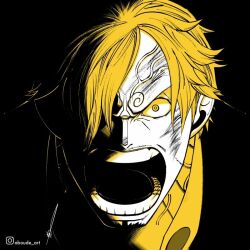 Rule 34 | 1boy, aboude art, artist name, blonde hair, commentary, curly eyebrows, facial hair, goatee, hair over one eye, injury, instagram logo, instagram username, limited palette, looking at viewer, male focus, mustache stubble, one eye covered, one piece, open mouth, sanji (one piece), short hair, shouting, signature, solo, spot color, stubble, teeth