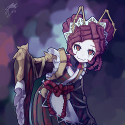 Rule 34 | 1girl, antennae, apron, dress, entoma vasilissa zeta, fangs, frilled dress, frilled sleeves, frills, highres, j.h j.h, looking at viewer, maid, maid headdress, monster girl, overlord (maruyama), purple hair, red eyes, solo, wa maid, wide sleeves
