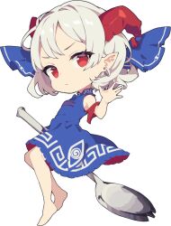 Rule 34 | 1girl, bare legs, barefoot, blue dress, blue ribbon, chibi, closed mouth, curly hair, dress, earrings, highres, holding, holding spork, horn ornament, horn ribbon, horns, jewelry, joou heika (precare deum), meandros, pointy ears, red eyes, red horns, red sleeves, ribbon, sheep horns, solo, spork, touhou, toutetsu yuuma, utensil, white hair
