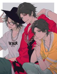 Rule 34 | 3boys, black hair, blue eyes, border, brothers, buster bros!!!, chain, chain necklace, full body, glasses, green eyes, grey background, hair between eyes, hat, heterochromia, highres, hypnosis mic, jewelry, looking at viewer, male focus, minami kazuki (hanbee), mole, mole under eye, mole under mouth, multiple boys, necklace, one eye closed, red eyes, ring, shirt, short hair, siblings, sitting, smile, white border, white shirt, yamada ichiro, yamada jiro, yamada saburo, yellow shirt