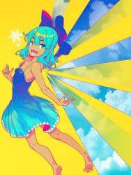 Rule 34 | 1girl, :d, bare arms, bare shoulders, barefoot, blue bow, blue dress, blue eyes, blue hair, blue nails, blue sky, bow, breasts, cirno, cloud, commentary, day, dress, feet out of frame, hair between eyes, hair bow, highres, looking at viewer, nail polish, open mouth, short hair, simple background, sky, small breasts, smile, snowflakes, solo, spaghetti strap, tanned cirno, touhou, v-shaped eyebrows, wings, yellow background, zounose
